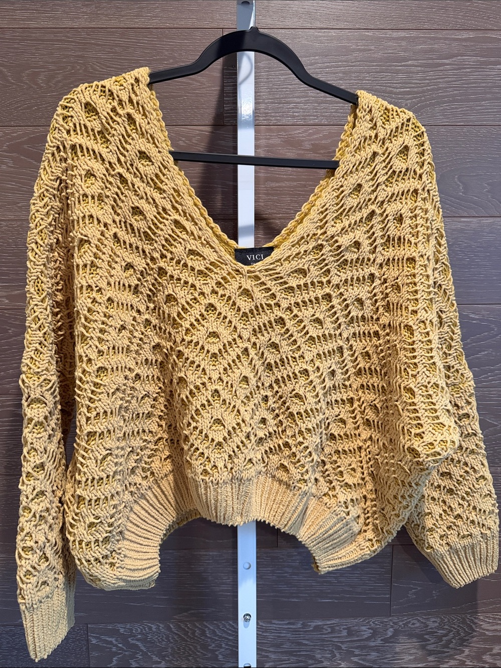 VICI Open Knit V-Neck Sweater in Mustard Yellow